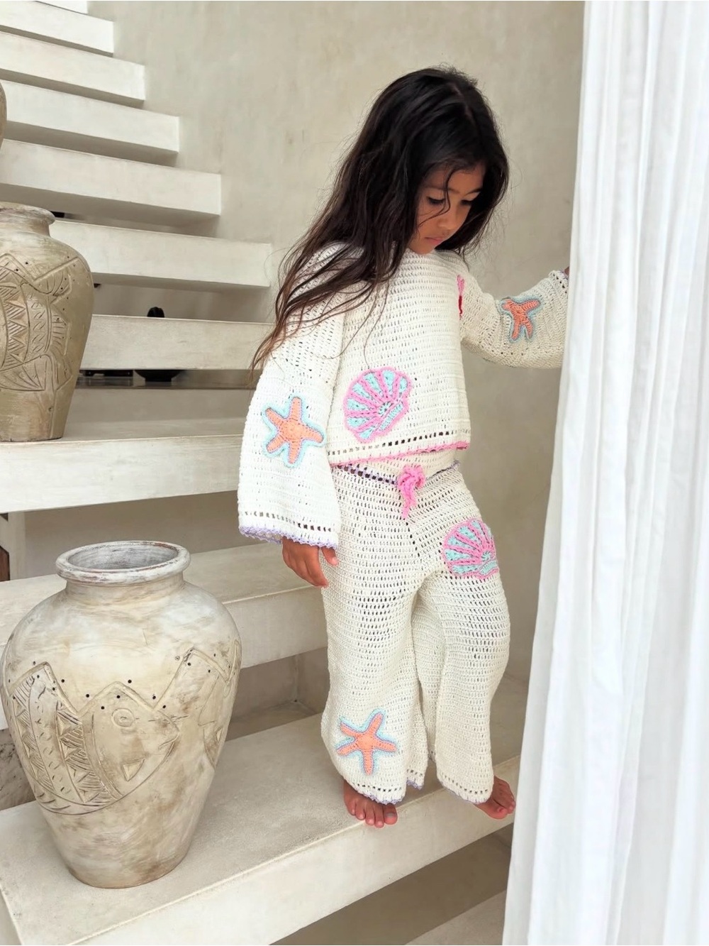 Kids Crochet Matching Set - White with Pink & Blue Shell Accents